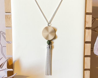 Long silver necklace with off white and khaki green focal beads tassel pendant