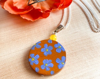 Hand painted wooden floral forget-me-not flower pendant and necklace