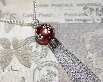 Flapper/1920's long silver necklace with burgundy flower bead & chain tassel