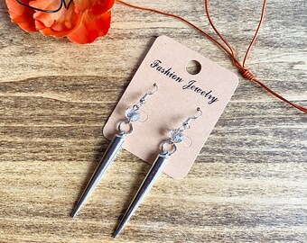 Silver plated spike cone and smokey grey glass bead drop earrings