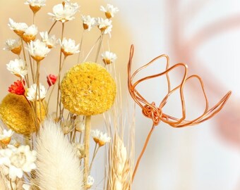 Handmade dried and wire flower posy in cream, red, yellow and rose gold tones 26cm tall