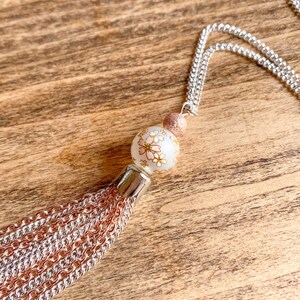 Long silver and rose gold plated tassel necklace with floral glass pearl focal beaded pendant image 4