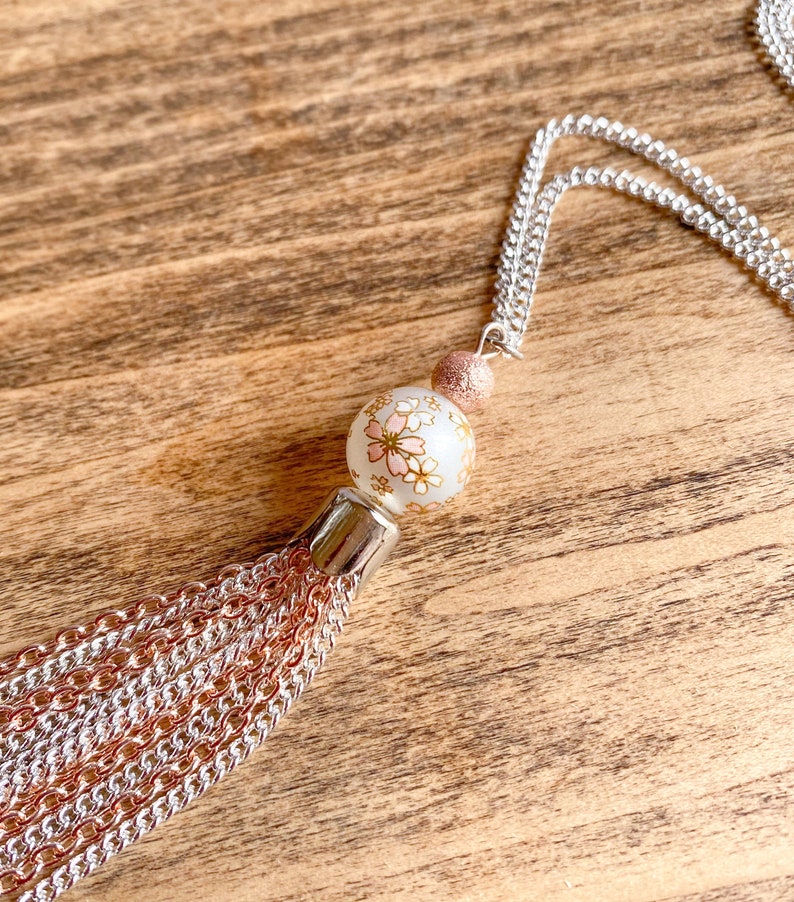 Long silver and rose gold plated tassel necklace with floral glass pearl focal beaded pendant image 4