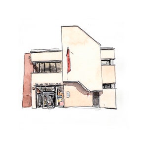 Puede incluir: Una ilustración de acuarela de un edificio con una bandera roja. El edificio tiene un letrero que dice "The New York Public Library".