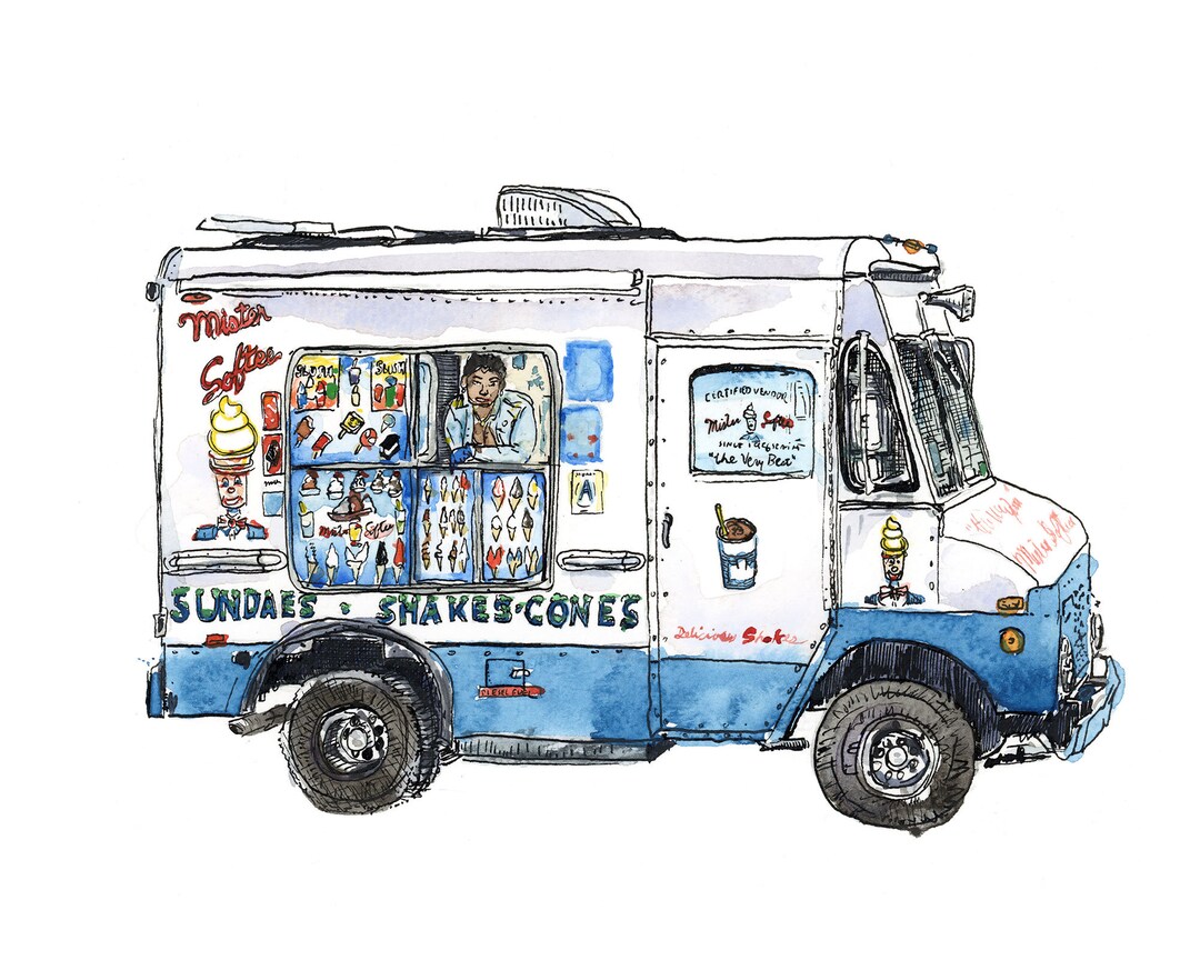 Mister Softee Ice Cream Truck Archival Print of a Watercolor Painting