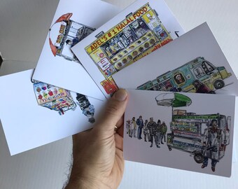 Set of 5 Greeting Cards | NYC Street Vendor Cards, Series 1 | Dosa Man, Nuts 4 Nuts, Delicious Ices, Mom’s Momo, Adel’s #1 Halal