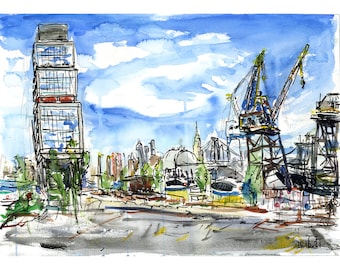 Brooklyn Navy Yard plein air watercolor painting of Shipyard Cranes 10-16-2021 (print and original)