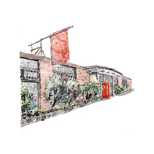 Puede incluir: Ilustración en acuarela de un edificio con una puerta roja y una pancarta que dice "New York Public Gallery". El edificio tiene grandes ventanas y una fachada de ladrillo. Hay arbustos y plantas verdes frente al edificio.