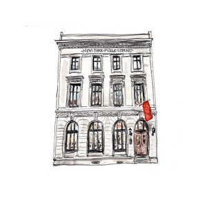 Puede incluir: Una ilustración de acuarela en blanco y negro de un edificio con el texto "NEW YORK PUBLIC LIBRARY" sobre la entrada. El edificio tiene una bandera roja colgando de la parte superior.