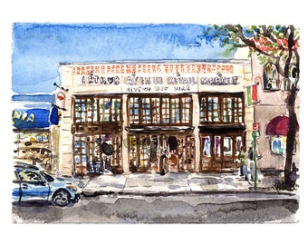 Arthur Avenue Retail Market (Little Italy in the Bronx) - Archival Print of a Watercolor Painting