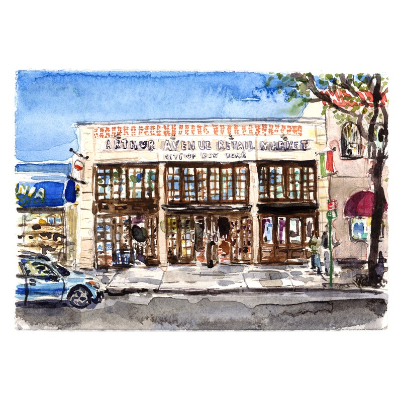 Arthur Avenue Retail Market Little Italy in the Bronx Archival Print of a Watercolor Painting image 1