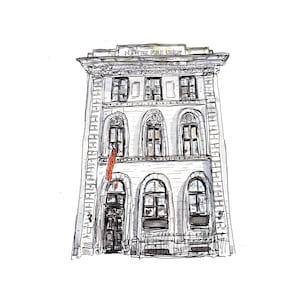 Puede incluir: Un boceto en blanco y negro de un edificio con las palabras "New York Public Library" sobre la entrada. El edificio tiene una gran puerta arqueada y varias ventanas.