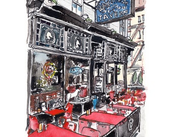 White Horse Tavern on Hudson Street - Archival Print of a pen and ink plus watercolor painting