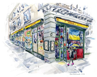 May include: A watercolour painting of a building with a shop front called "Veselka" with a Ukrainian flag displayed in the window. The building is painted in shades of grey and white with yellow accents. The shop front has a red door and a sign that reads "Veselka" in yellow letters. A person in a black jacket and blue jeans is walking past the shop front.