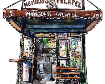 Mamoun's Falafel in Greenwich Village - Archival Print of a watercolor painting