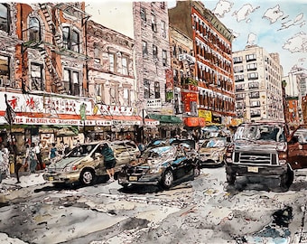 Chinatown Grand Street Gouache Painting | Archival Print