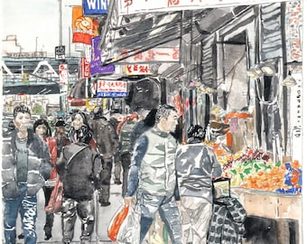 Chinatown Pell Street Gouache Painting | Archival Print