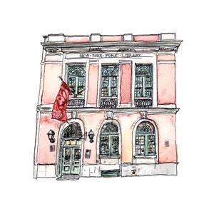 Puede incluir: Una ilustración de acuarela de un edificio rosa con una bandera roja colgando del lado. El edificio tiene ventanas arqueadas y un letrero que dice "NEW YORK PUBLIC LIBRARY".