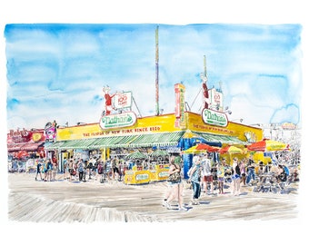 Nathan's Famous on the Boardwalk - Coney Island | Archival Print of a Watercolor Painting