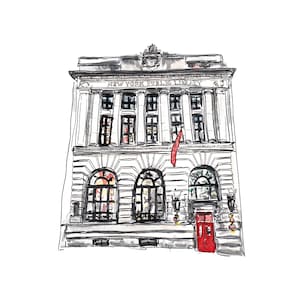 Puede incluir: Un boceto en blanco y negro del edificio de la Biblioteca Pública de Nueva York con una bandera roja colgando de la parte superior. El edificio tiene una gran puerta arqueada con una puerta roja y un letrero arriba que dice "NEW YORK PUBLIC LIBRARY".