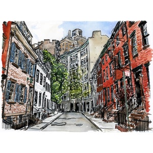 STAMPA - Gay Street nel Greenwich Village pittura a guazzo