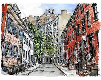 PRINT - Gay Street in Greenwich Village Gouache Painting