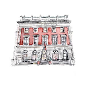 Puede incluir: Una ilustración de acuarela del edificio de la Biblioteca Pública de Nueva York. El edificio es de ladrillo rojo con molduras blancas y tiene un gran letrero que dice "New York Public Library".