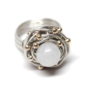 Designer White Jade Silver Wire Wrapped Ring with Silver Spacers 4 - 12