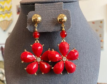 Red and Gold Flower Drop Earrings