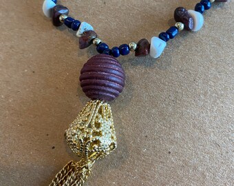 Mookaite and White Turquoise Choker with Maroon and Gold Tassel Pendant