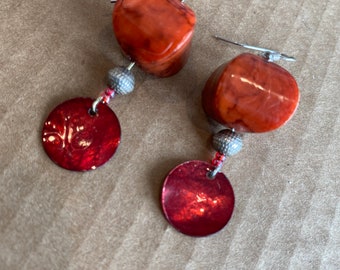 Red Shell Disc drop Earrings with Vintage Silver and Red Bead Accents