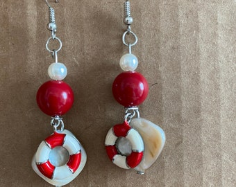 Nautical Beaded Mother of Pearl Dangle Earrings with Red and White Lifesaver Charms