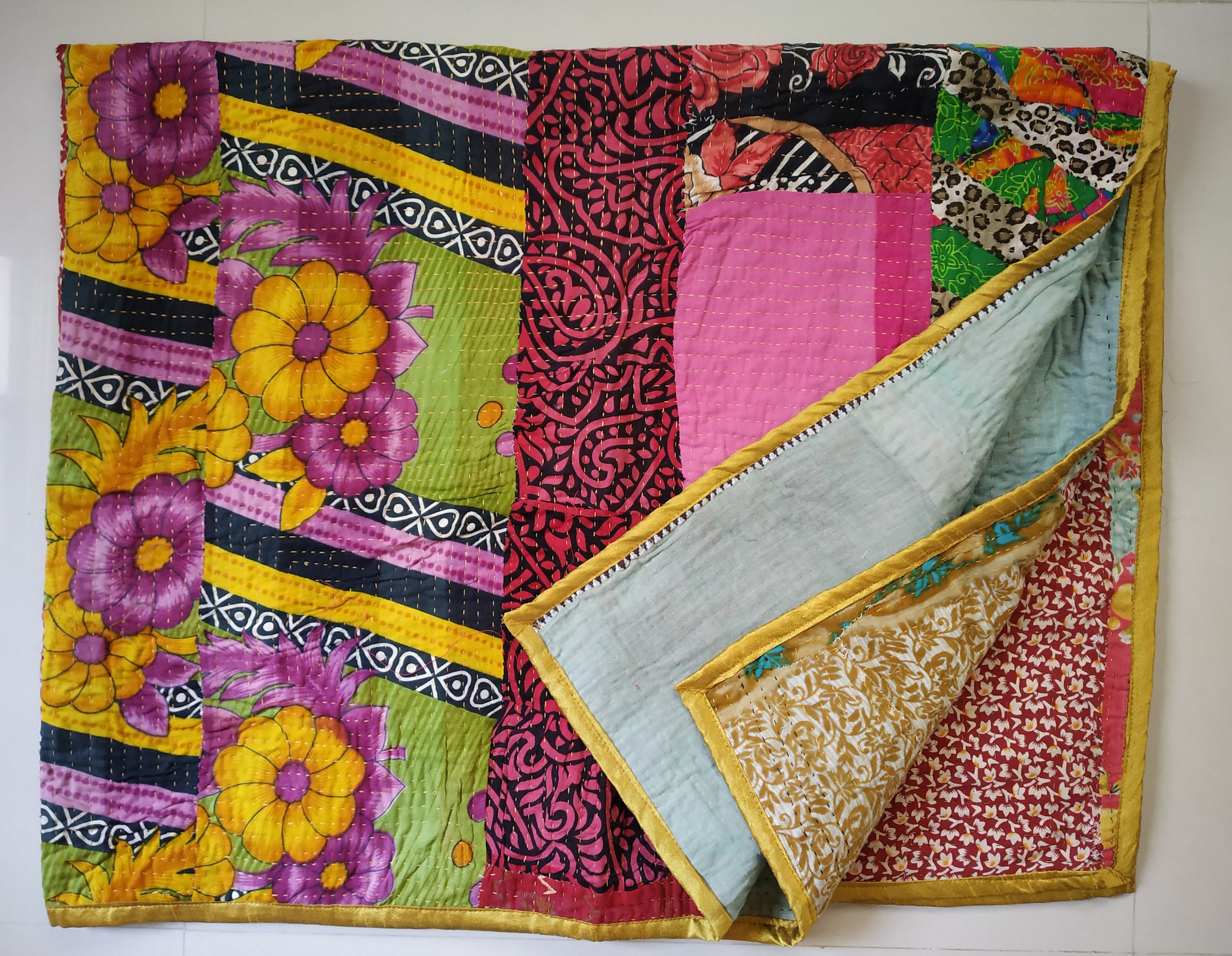 KING Vintage Indian Yellow Dot Handmade Kantha Quilt Bedspread Boho Throw Quilt