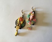Ooak porcelain japanese earrings,yellow song, vintage gold brass coins, rare cabochons
