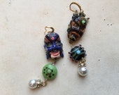 Statement ooak porcelain japanese demon masks earrings, vintage rare beads