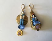 Reserved Claire, Ooak porcelain japanese earrings, blue song, vintage gold brass coins, rare cabochons