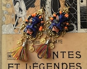 Incredible porcelain japanese demon masks earrings, silk tassells, vintage gold brass coins