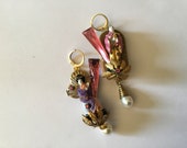 Ooak porcelain japanese earrings, pink song, vintage gold brass coins, rare cabochons