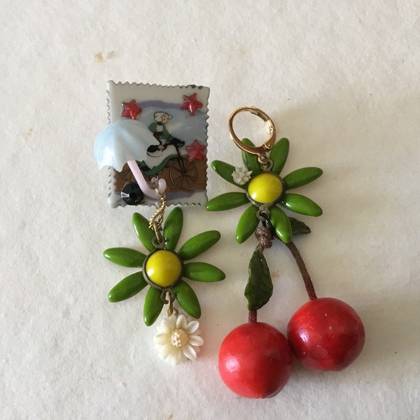 Ooak earrings, ,Bécassine et cerises, rhinestones , wearable art, peapods,porcelain tiny stamp