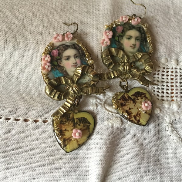 Romantic earrings, ooak ,Lili’s kitten, Miriam Haskell elements, porcelain rose, kitten wearable art