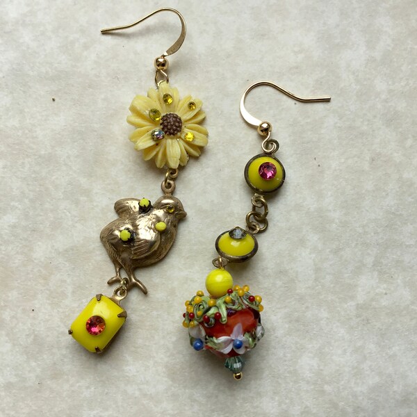 Ooak Vintage easter chicken earrings, handmade lampwork bead, daisy, pearls, rhinestone, wearable art