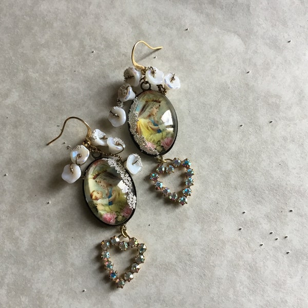 statement earrings baroque style ,vintage glass cameo and madona, pearls and rhinestones