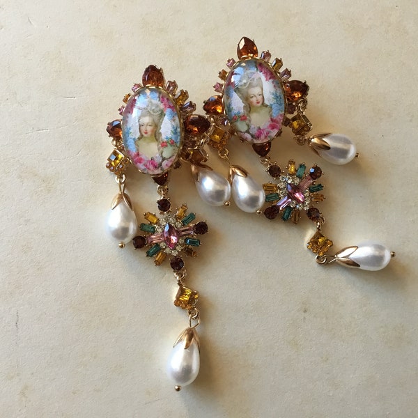 Reserved Anne Marie, Vintage style statement romantic, rococo  cameo earrings, Marie Antoinette