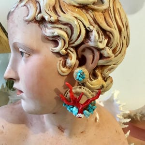 Statement coral style and turquoise earrings, ooak ,wearable art, vintage elements, emotional jewelry