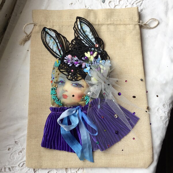 Ooak,boho, statement bunny doll brooch, vintage lace ,vintage seed beads,silk and velvet flowers,Fenci doll face