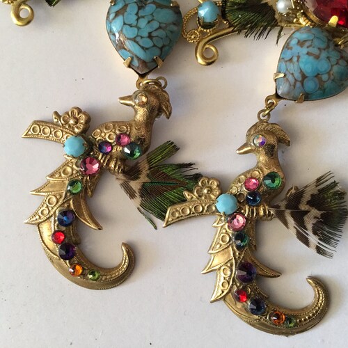 Romantic earrings, Indian Song, ooak , rhinestones , pearls , paradise bird, sale wearable art