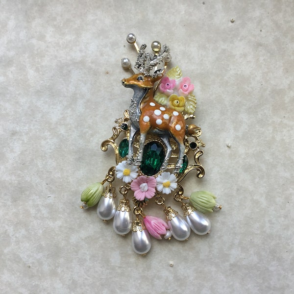 Vintage Bambi brooch, enamel, pearls,, rhinestones, wearable art