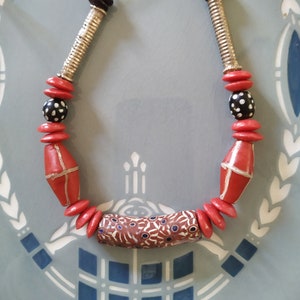 Red Flowers Trade Bead Necklace