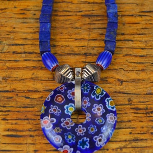 Necklace with Lapis beads and Millefiori Pendant
