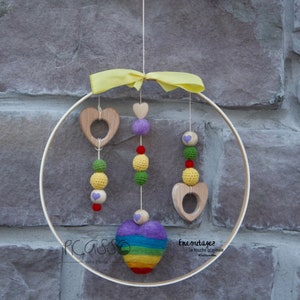 Rainbow heart, Wall decoration, Felted wool, Wooden hearts, Baby room, Birth gift, Wall hanging, Boho suspension